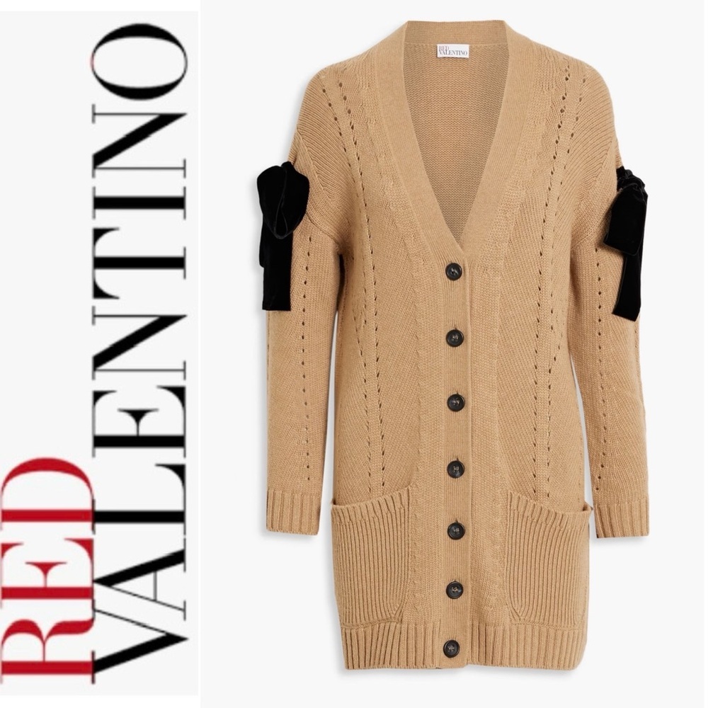 Red Valentino Bow- detailed Pointelle-Knit Camel Color Cardigan S
